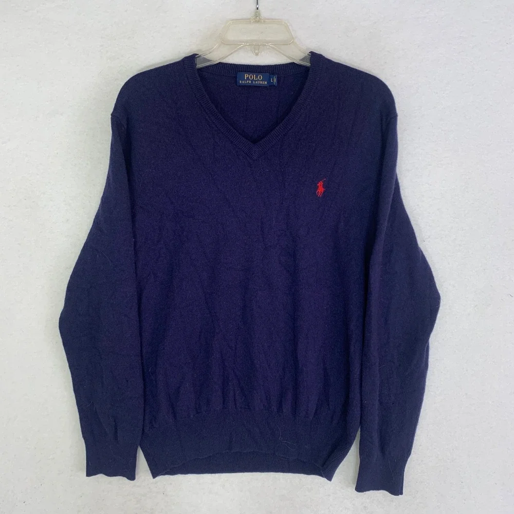 Polo Ralph Lauren V-Neck‎ Sweater Mens Large Navy Blue Merino Wool Italian Yarn